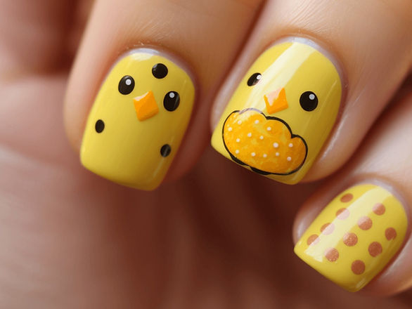Bright yellow nails with one accent nail featuring an adorable chick design. The chick is painted in a vibrant yellow with tiny orange beak and feet details.