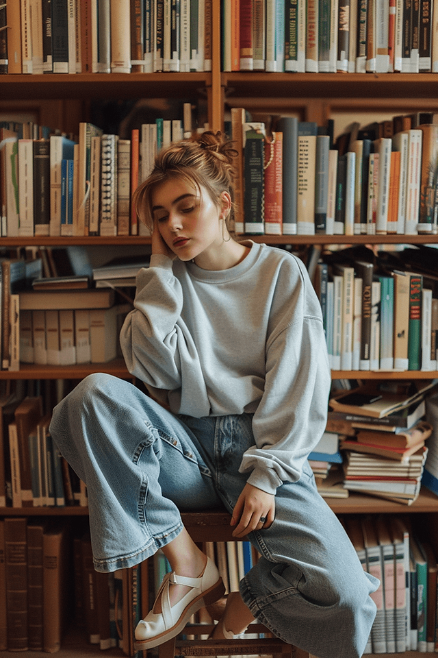 young woman in a library wearing mom jeans outfit, flats and a sweatshirt