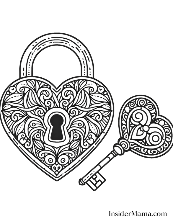 valentine coloring pages heart lock and key