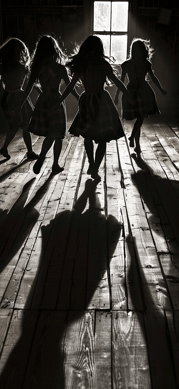 Traditional Irish Dance: Silhouettes of Irish dancers performing a traditional jig, with their shadows cast on a rustic wooden floor, capturing the movement and energy of the dance.