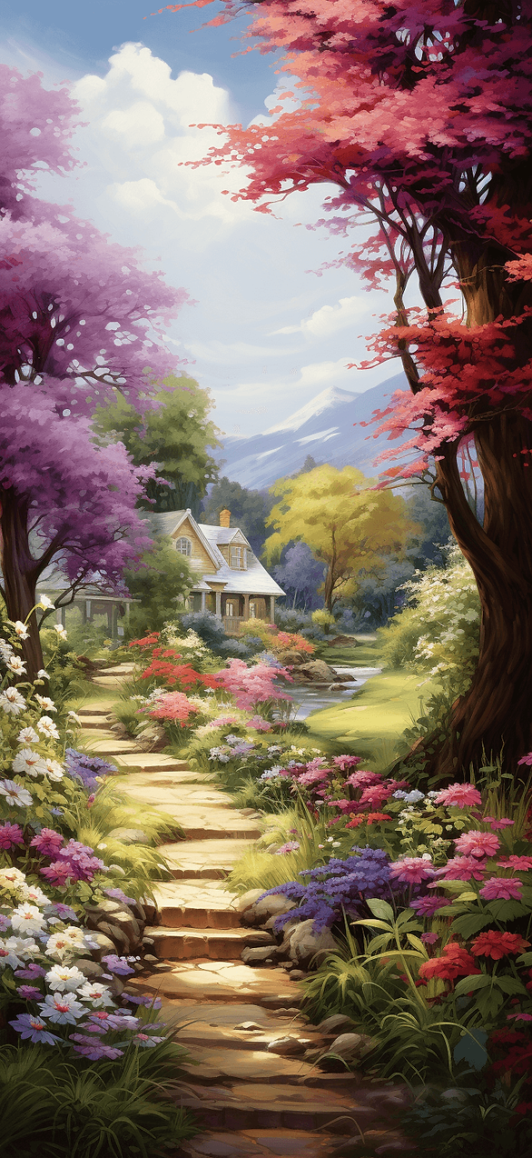 Walk through a lush spring garden with this free wallpaper. A winding path takes you through a variety of blooming flowers and vibrant greenery.