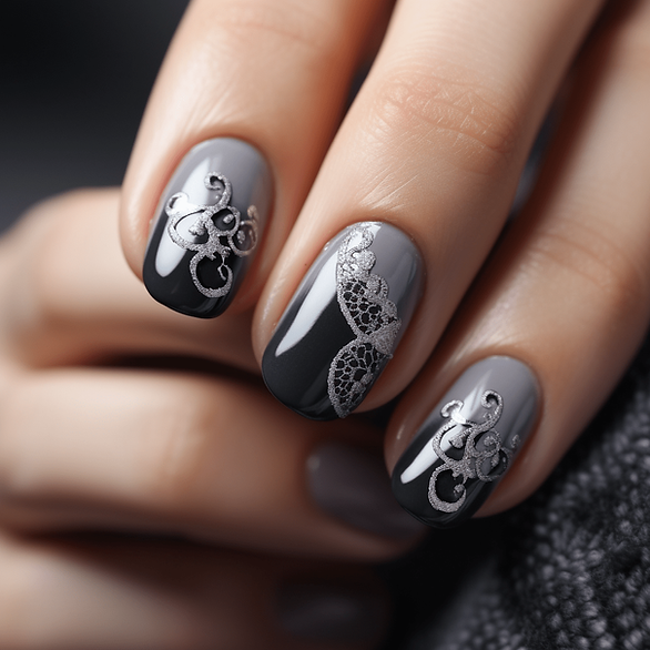 black valentines day nails black nails silver design and lace
