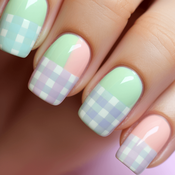 Alternating pastel-colored nails in soft gingham patterns, including baby blue, pale pink, and mint green, creating a look reminiscent of a cheerful Easter picnic.