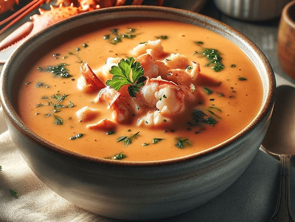 image of the lobster bisque, focusing just on the bowl of bisque