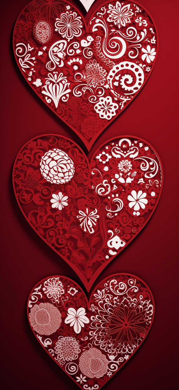 Elegant Lace Hearts Photo: A sophisticated and classy wallpaper. Intricate lace hearts in white are set against a deep red background, perfect for adding a touch of elegance and romance to your phone.
