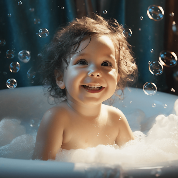 toddler smiling in a bubble bath