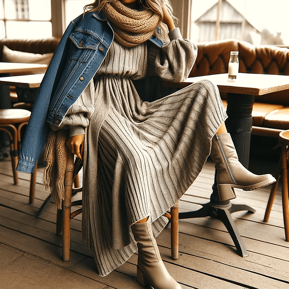 winter outfit for mom - Here is an image depicting a weekend vibe winter outfit for a woman. The outfit includes a long-sleeve maxi dress, a denim jacket, a chunky scarf, and knee-high boots. The setting captures the relaxed and casual essence of a weekend, perfect for a leisurely brunch or a walk.