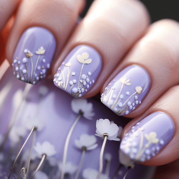 Light lavender nails with subtle white accents that suggest the gentle patterns of lavender fields in bloom, perfect for a serene Easter look.