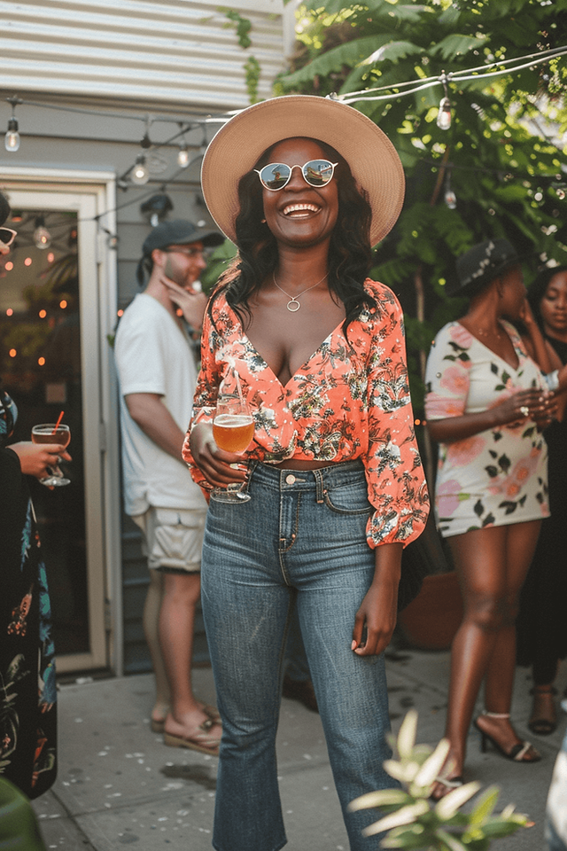 Black woman smiling outside with a brimmed sun har, mom jeans outfit and a floral top with a plunging neckline; she's holding a glass of wine