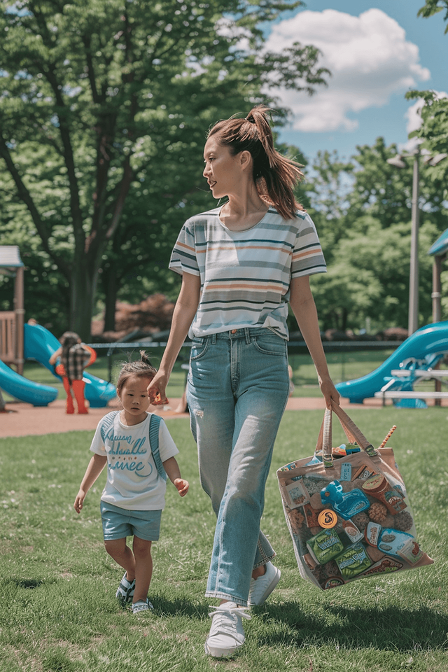 Asian woman at the park with her child, striped tee with mom jeans outfit and sneakers