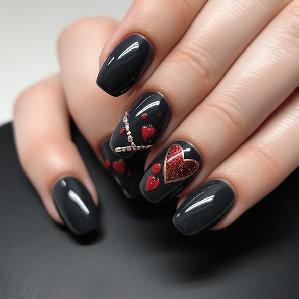 black valentines day nails red heart, gold accents