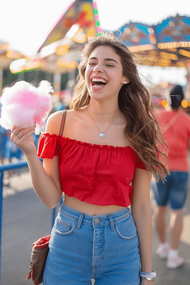 young woman wearing a red off the shoulder crop top with mom jeans outfit, holding pink cotton candy at a fair
