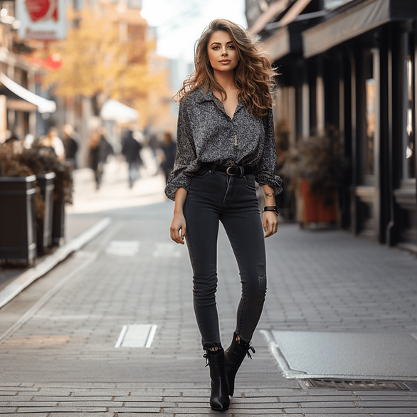 ankle boots with jeans - woman on the street with black jeans and black ankle boots and a black and white blouse