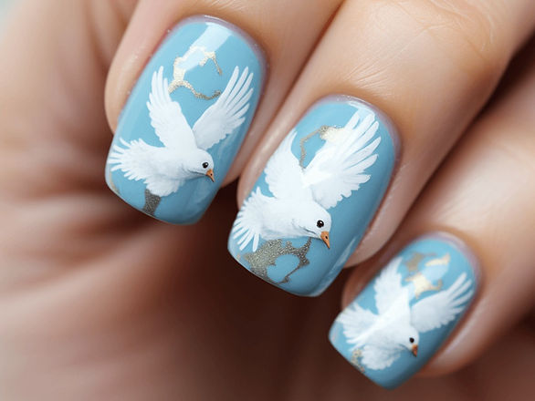 Simple yet powerful, these nails feature a white dove on a sky-blue background, symbolizing peace and the Holy Spirit, a key theme in Easter celebrations.