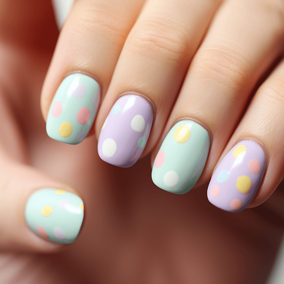 polka dot nails with different colored pastel bases, such as lavender and mint green.