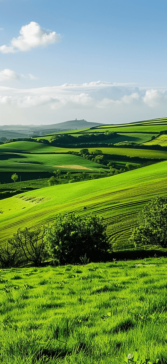 Emerald Green Landscape: A serene Irish countryside scene with rolling green hills and a clear blue sky, perfect for a peaceful St. Patrick's Day background.