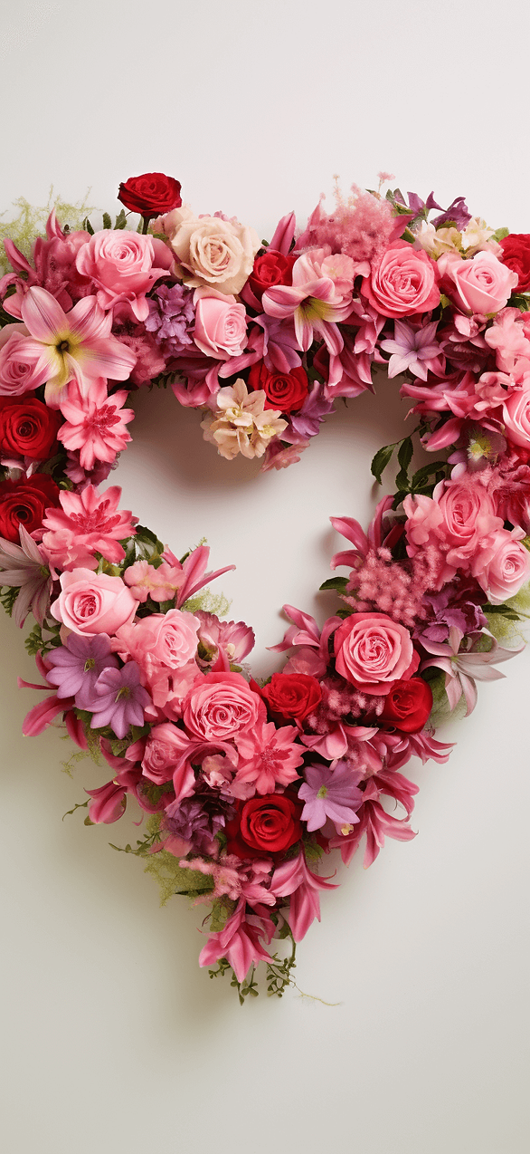 Floral Heart Wreath Photo: A beautifully arranged heart-shaped wreath made of pink and red flowers, set against a subtle, pastel-colored background. It's a blend of natural beauty and romantic symbolism.