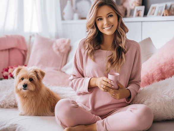 woman sitting with legs in criss cross style, wearing pink loungewear, next to a cute puppy, Valentine's day outfit ideas