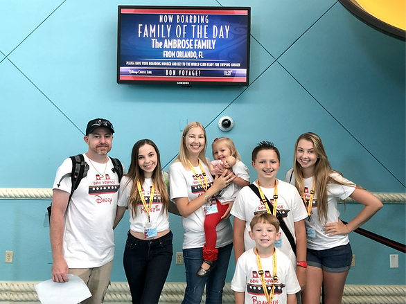 family of seven boarding a Disney cruise