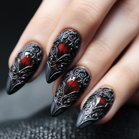 black valentines day nails grey gothic pattern with red accent