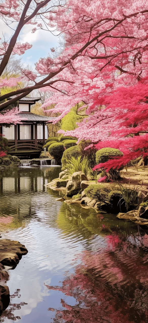Escape to a serene Japanese garden with this free wallpaper, featuring traditional elements and blooming cherry blossoms.