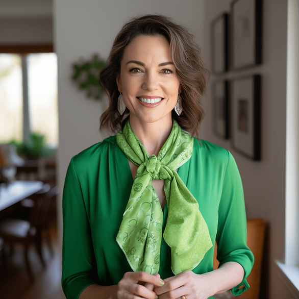 woman with brown hair, green top, and green scarf knotted around her neck; St. Patrick's day outfits