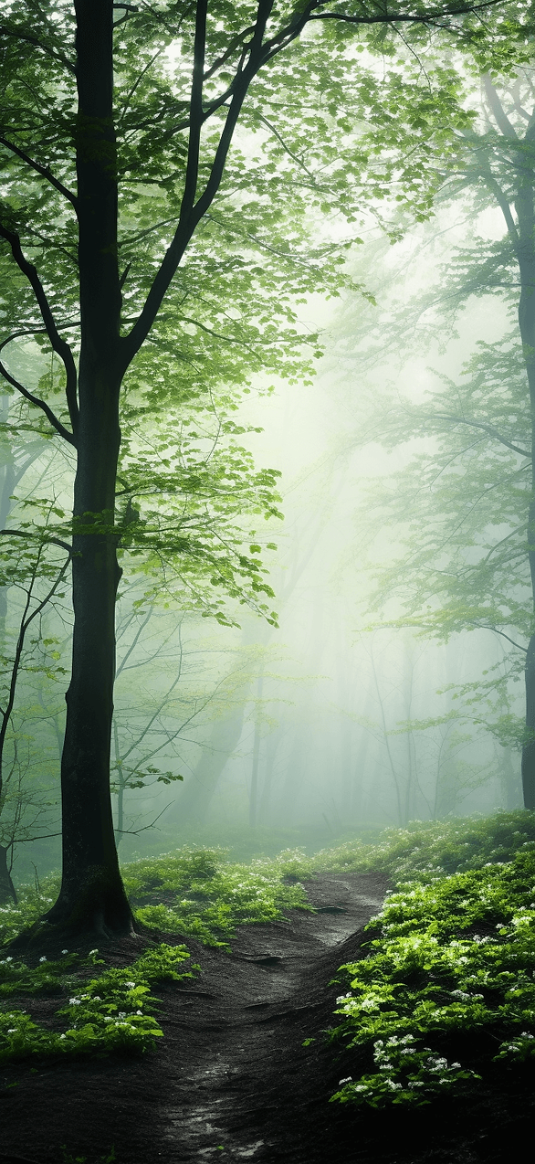 Explore the mystery of a foggy spring forest with this enchanting free wallpaper, highlighting the lush greenery of the season.