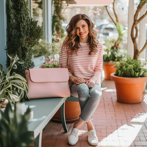 woman with pink and white striped sweater, ripped jeans, and a pink over-sized purse on the table