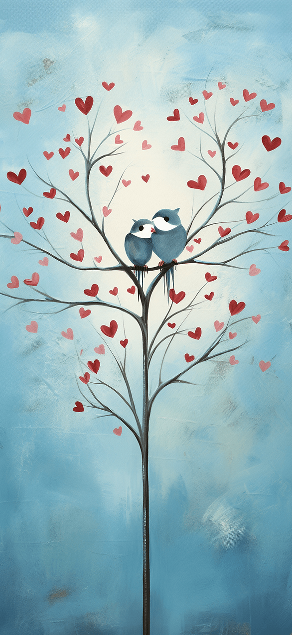 Love Birds Photo: A charming design featuring a pair of love birds perched on a branch with heart-shaped leaves. The serene sky blue background adds to the tranquility and sweetness of the scene.