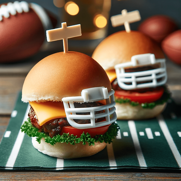 super bowl food ideas - football helmet burger sliders with cheese, lettuce, tomatoes