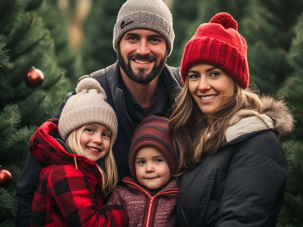 eco-friendly Christmas decorations with children - family of four in winter clothes at a Christmas tree farm