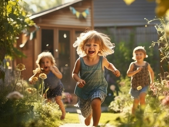 outdoor activities for kids - three children running in the yard