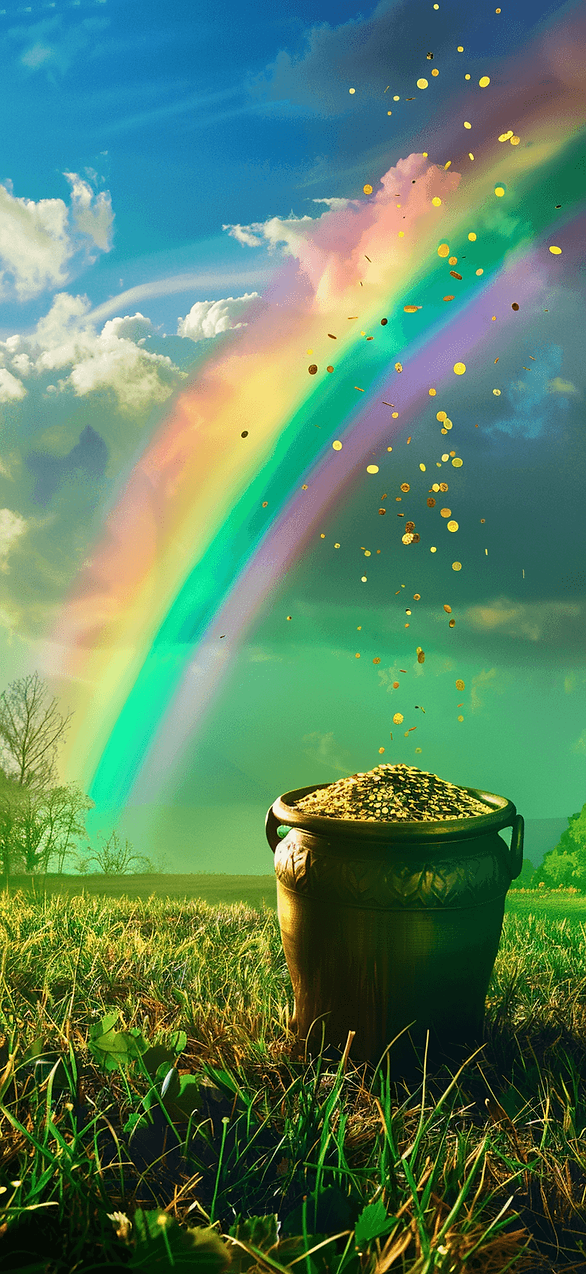 Rainbow and Pot of Gold: Against a backdrop of lush greenery, a vivid rainbow culminates in a sparkling pot of gold, perfectly capturing the fun spirit of St. Patrick's Day.