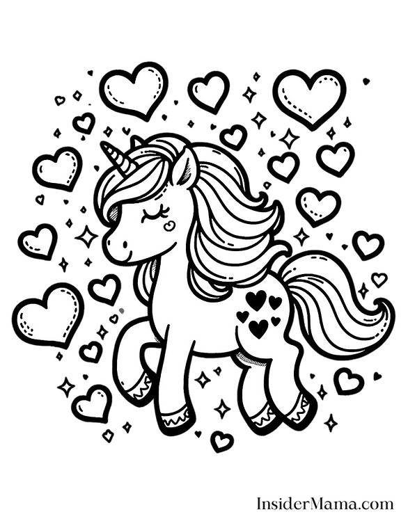 valentine coloring pages unicorn with hearts