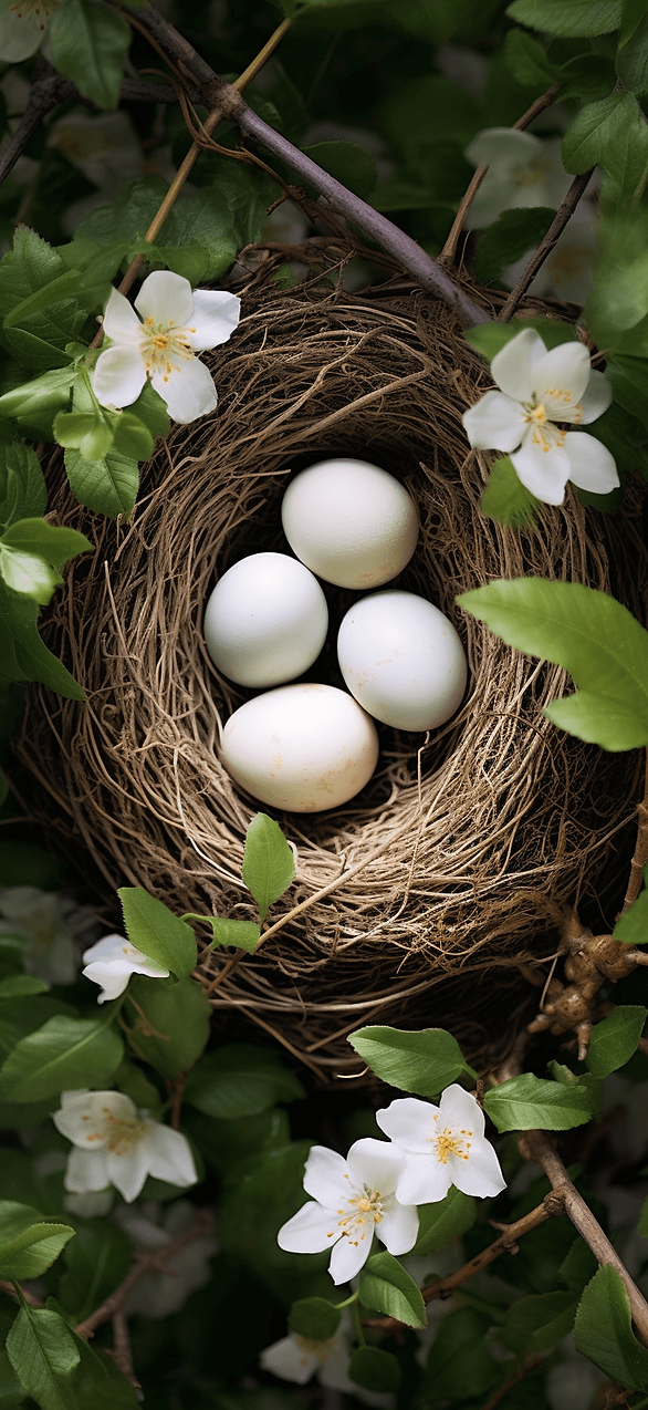 Discover the beauty of spring with this intimate view of a bird's nest, nestled in a blooming branch with speckled eggs. A charming free wallpaper.