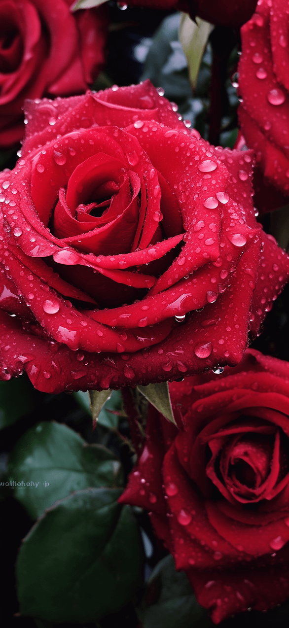 Roses in Bloom Photo: Here's a close-up shot of gorgeous red roses, each petal glistening with dew drops. This image symbolizes deep love and affection, capturing the beauty and intensity of romantic feelings.