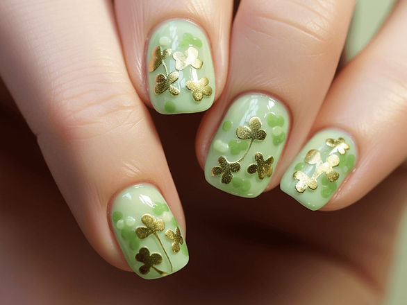 st. patrick's day nails - mint green base with gold clovers