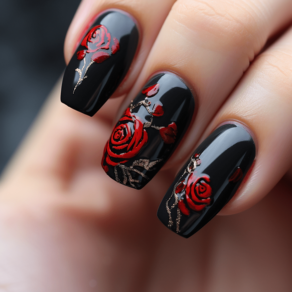 black valentines day nails, black nails, red roses