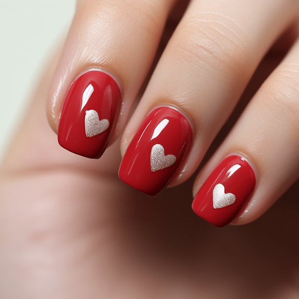 valentines nail art - red nails with silver hearts