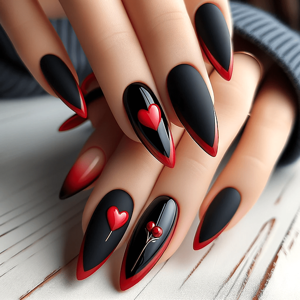 almond nails valentines day black and red with heart