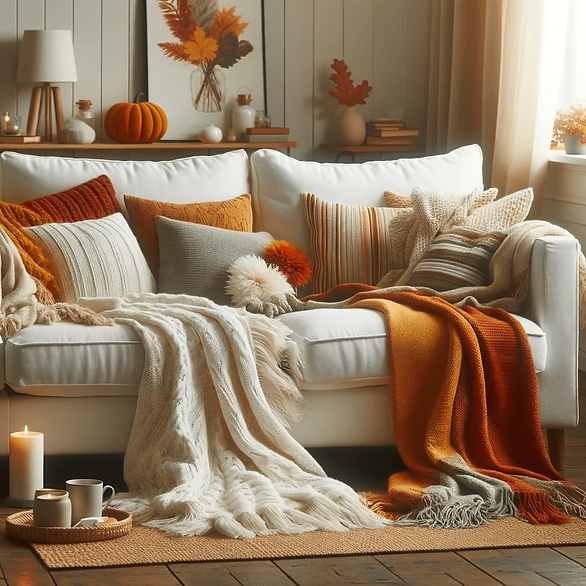 how to make your home cozy for fall - white couch with pillows and blankets