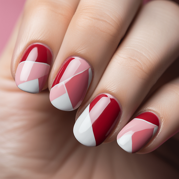 valentines nail art white, pink and red color block