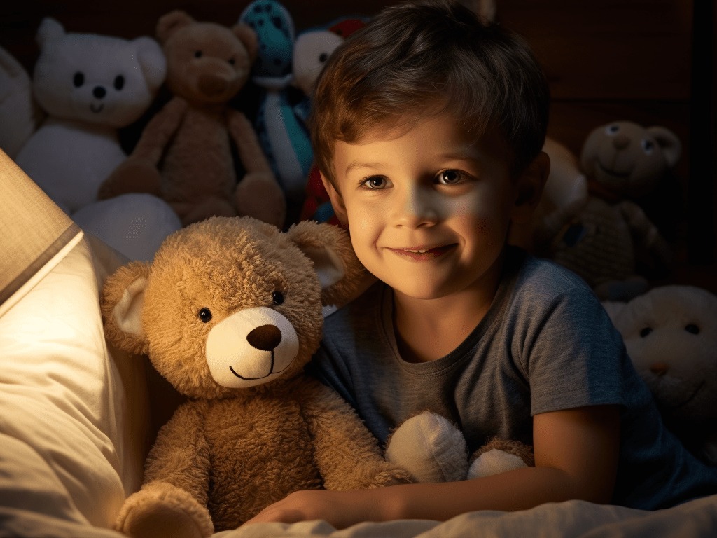 A child sits up in bed, clutching a stuffed animal, with a playful yet mischievous expression on their face. The room is dimly lit with a warm, soft glow from a bedside lamp. Around the child, an array of toys and books are scattered, suggesting recent play or story time. The child's eyes are wide and alert, looking towards the door as if anticipating someone's arrival. The bedding is slightly rumpled, indicating the child's restless movements. The scene depicts a typical moment of bedtime stalling, where the child is clearly not ready to sleep and is finding ways to delay bedtime, embodying the universal experience of parents trying to put an energetic child to bed.