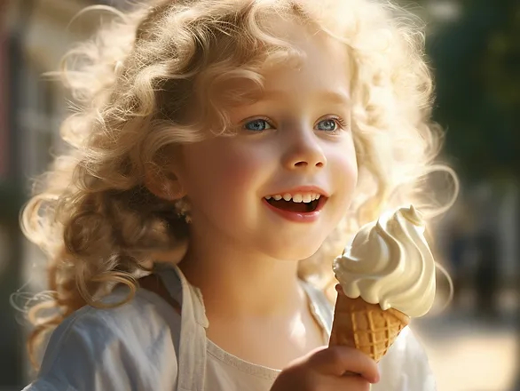 young girl with blonde hair and an ice cream cone - effects of sugary foods on children's health
