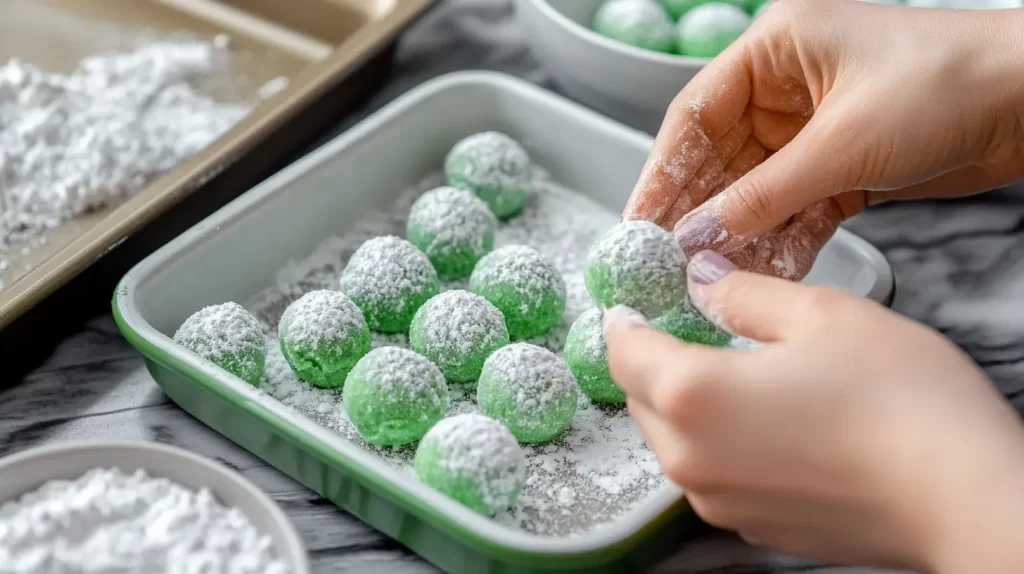 hands rolling green dough in powdered sugar