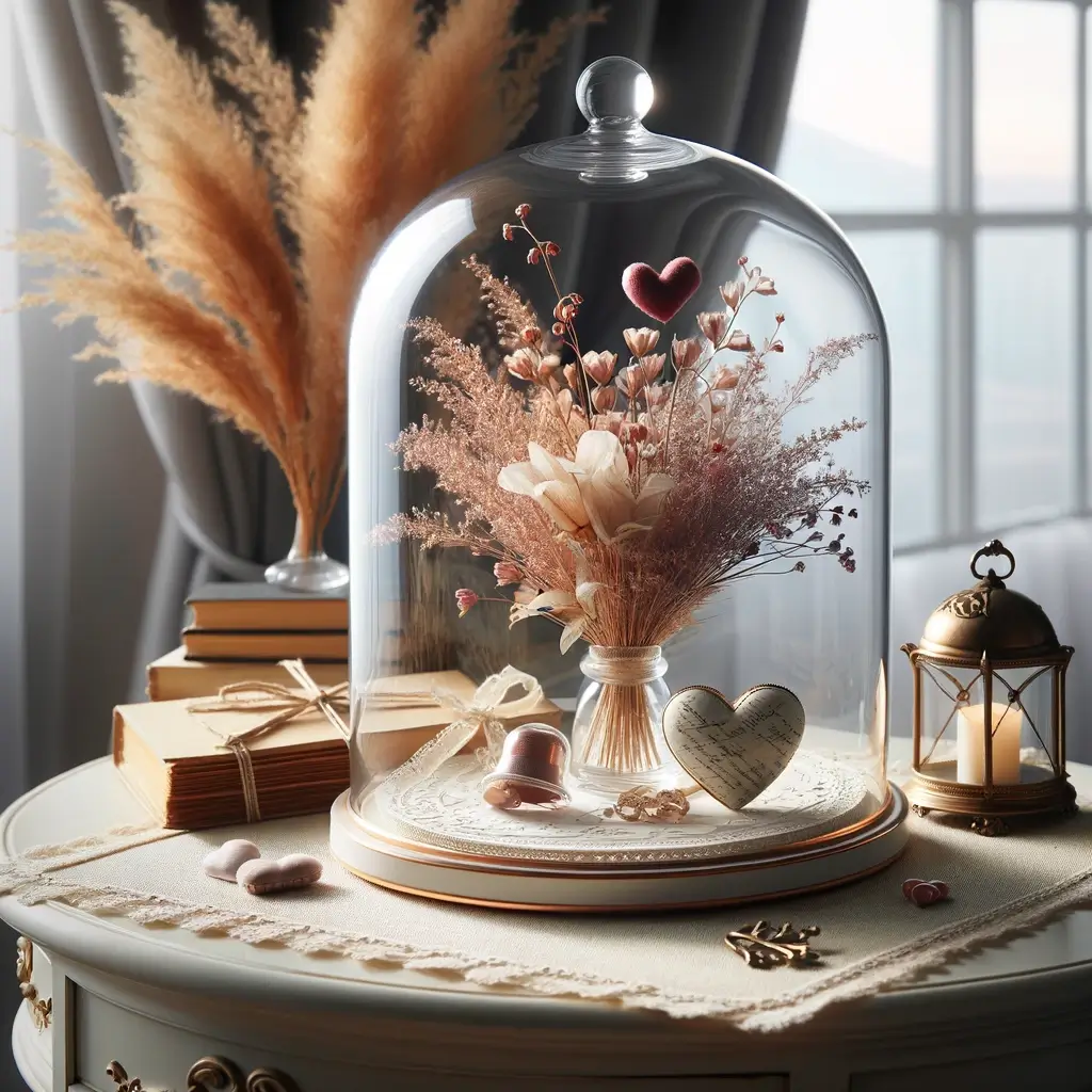 This image shows an elegant glass cloche display for Valentine's Day, showcasing a beautiful arrangement of dried flowers, vintage love letters, or delicate heart-shaped ornaments in a stylish home setting.
