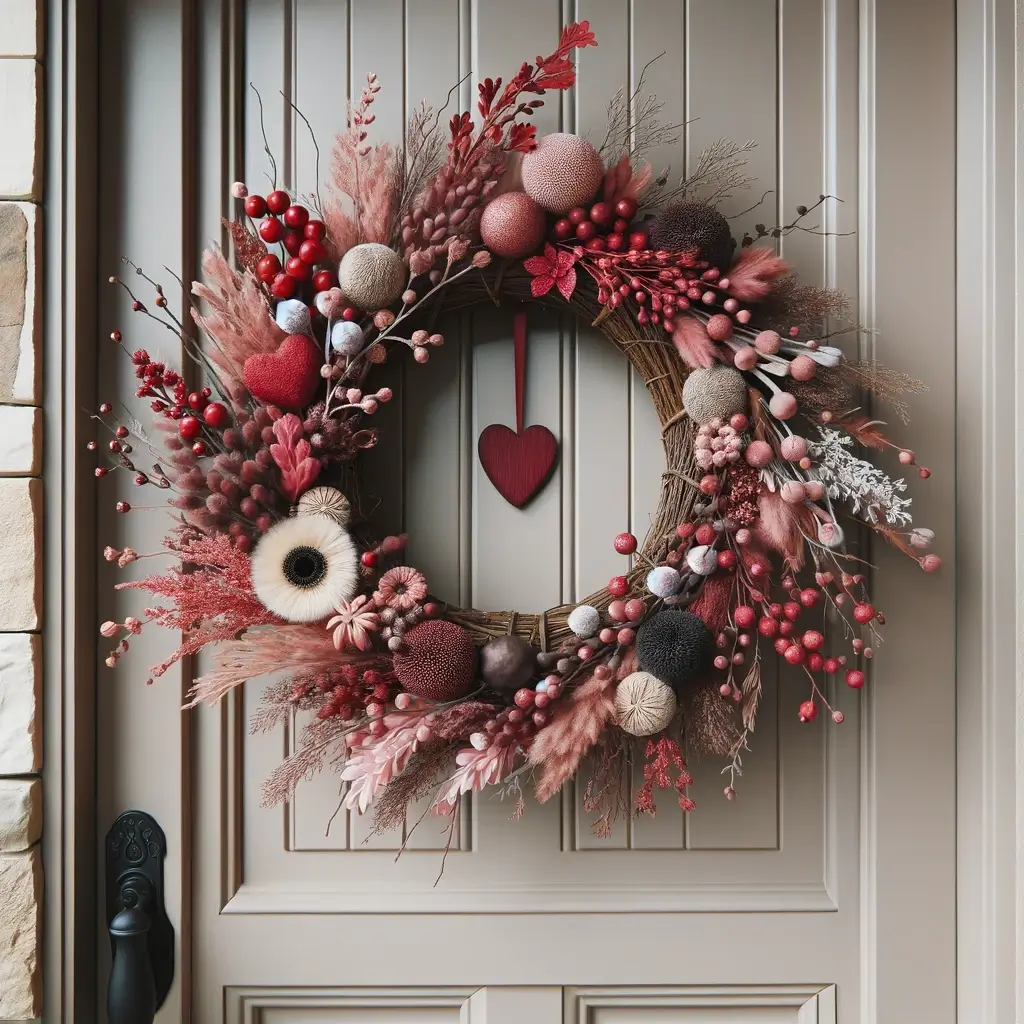 The picture displays a tasteful wreath on a front door for Valentine's Day, featuring a mix of muted reds, pinks, and whites with natural elements like dried berries and branches, enhancing the home's entrance.