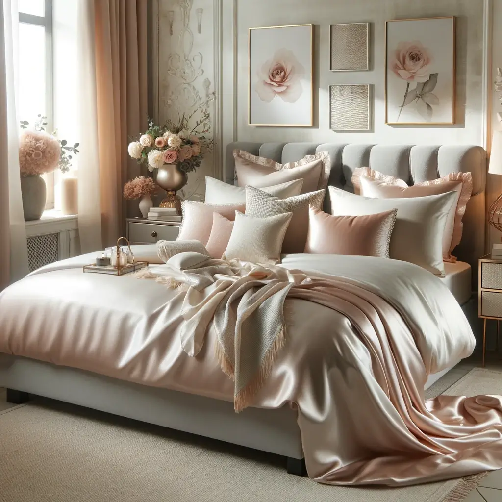 In this image, you can see a refined bedroom with romantic touches for Valentine's Day, featuring soft, silky sheets in blush or ivory tones, decorative pillows, and a chic throw at the foot of the bed.