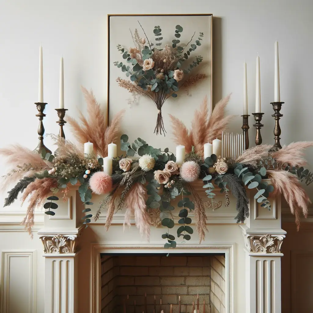 The visual shows a classy mantel decor featuring a garland of eucalyptus mixed with dried or silk flowers, tall candlesticks, and a sophisticated piece of art in a stylish living room.
