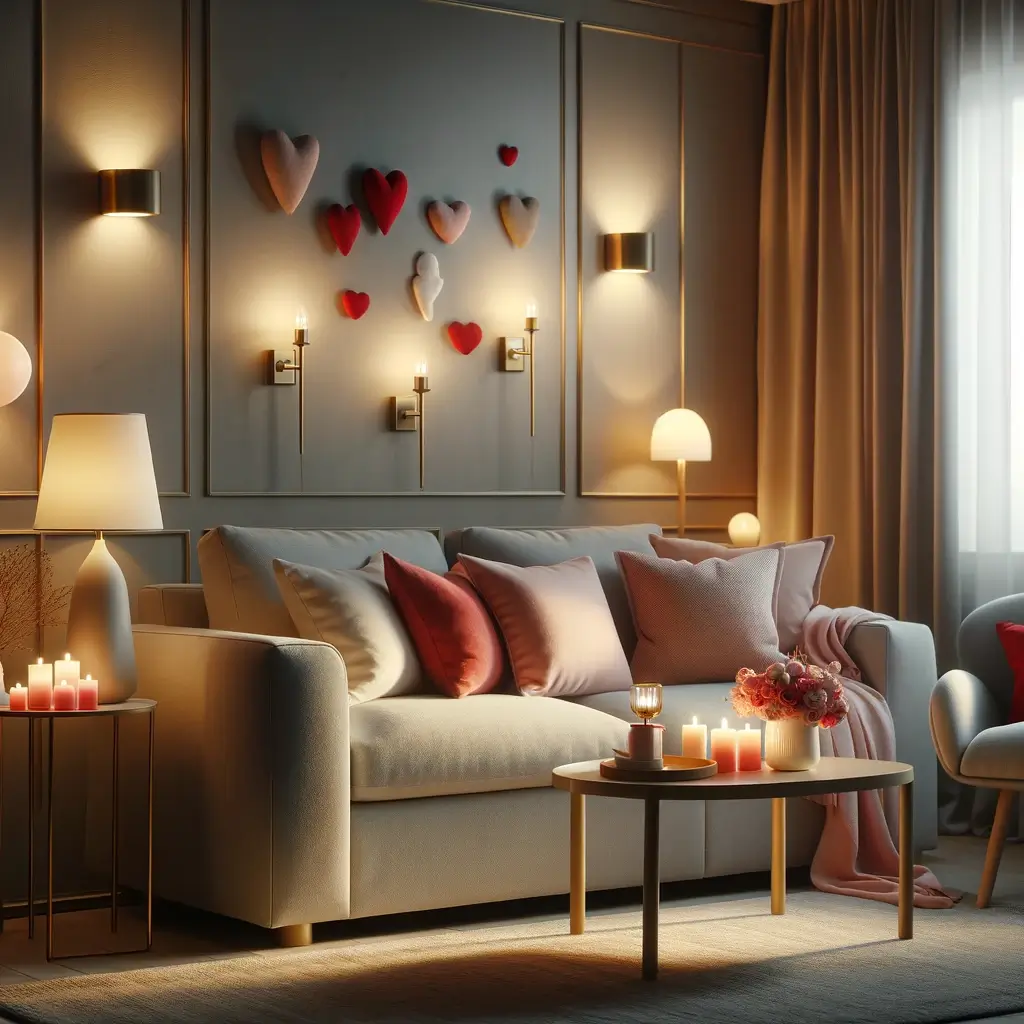 This image illustrates a stylish living room with romantic mood lighting for Valentine's Day, featuring candles and string lights that create a soft, romantic glow.
